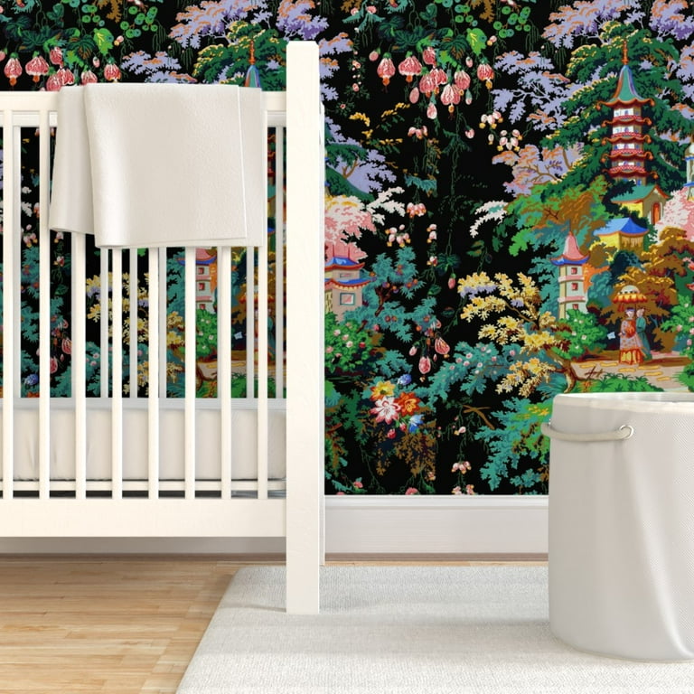 Removable Water-Activated Wallpaper Chinoiserie Toile Asian Chinese Black Bright Removable Water-Activated Wallpaper Chinoiserie Toile Asian Chinese Black Bright